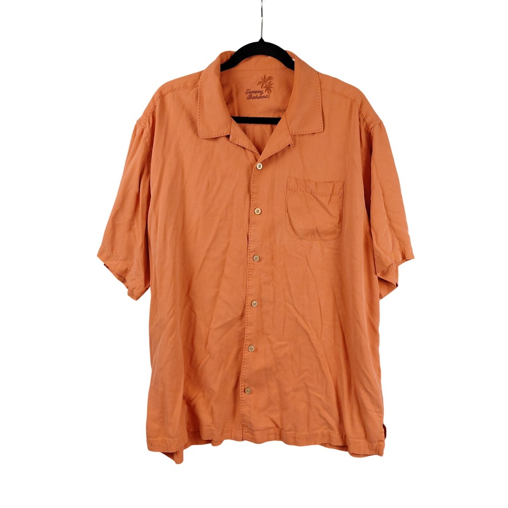Tommy Bahama Mens XL Silk‎ Short Sleeve Button Down Shirt Orange Camp Collar